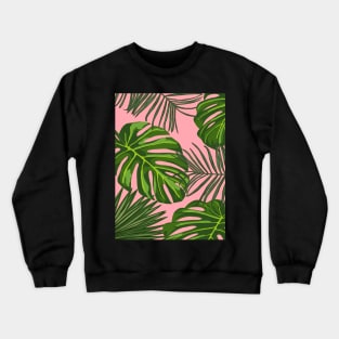 Tropical Plant Leaves Print on Pink Crewneck Sweatshirt